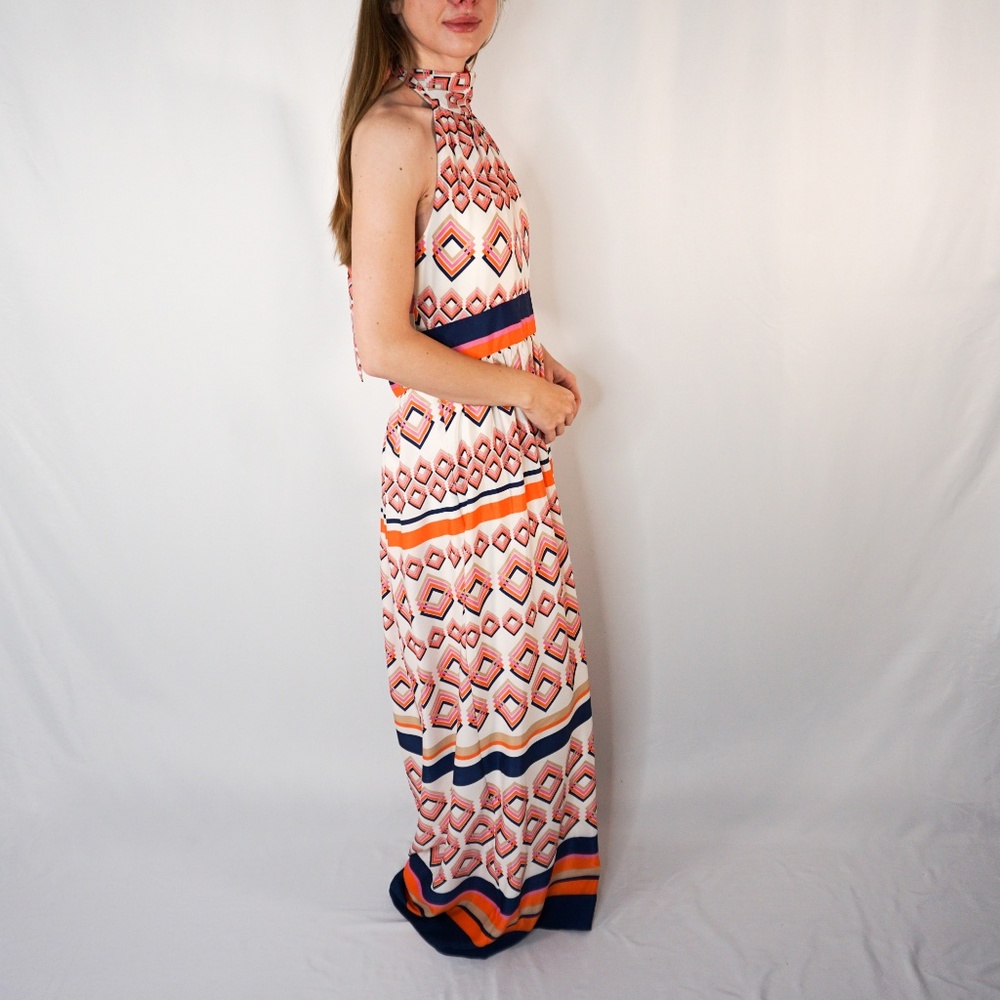 ELIZA J Mixed Geometric Orange Maxi Halter Dress - Picture 4 of 7